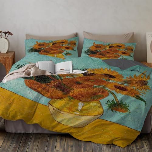 WunM Studio 3D Gedruckte Klassischer Sonnenblumen-Blumendruck Kinder Bettwäsche 135×200CM＋Kissenbezug mit Reißverschluss 80×80 cm Klassische Ölgemäldetextur von Van Gogh Bettbezug Mit Reißverschluss