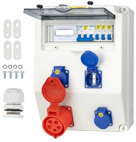 CHENGPI Coffret Électrique de Chantier,Répartiteur Mural,Distributeur de Courant Électrique avec Disjoncteur,5P CEE Prise et Schuko Prise,Compteur électrique - Distributeur de Puissance Consommée