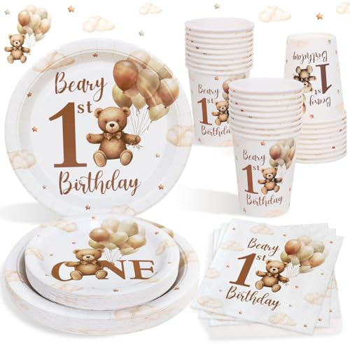 Heboland Set Stoviglie Decorazioni Compleanno 1 Anno Bimbo Orso, 100 Pezzi | per 25 Ospiti, Tovaglioli Piatti e Bicchieri per Feste di Compleanno Orso Beige, Decorazioni Primo Compleanno Bimba