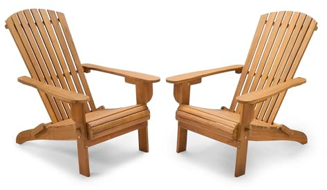 VonHaus Folding Adirondack Garden Chairs Set of 2, Acacia Hardwood, Hudson | Foldable Fire Pit Chairs, Garden, Terrace, Patio & Balcony, Water Resistant Teak Oil Finish, Wide Armrests, Sloped Back