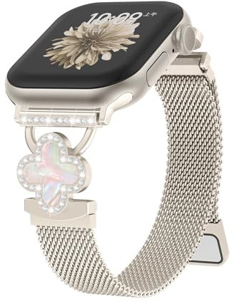 Milanese Magnetic Strap for Apple Watch Straps SE/2 40mm 44mm 42mm 38mm 41mm 46mm 45mm Women,Thin Bling Clover Bracelet Metal Replacement Bands for iWatch Seriers 10 9 8 7 6 5 4 3 Ultra Strap 49mm