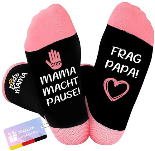 TUZELIYA Geschenke für Mama Socken, Baumwolle Socken Damen mit MAMA MACHT PAUSE! FRAG PAPA! Lustige Geburtstagsgeschenk Muttertagsgeschenke für Frauen, für Geburtstag Muttertag Ostern Weihnachten