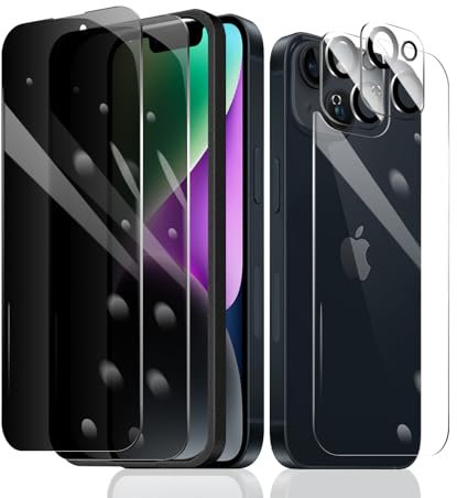 Fylnatc 2×Privacy Screen Protector for iPhone 14 Plus + 2×Camera Lens Protector + 1×Back Tempered Glass Film + 1×Installation Frame, Anti Spy 9H Hardness Bubble Free Impact-Private Protection