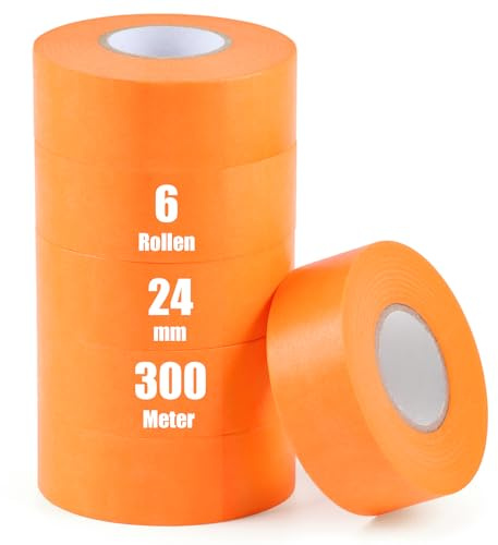 iuqiepo 6 Rollen Malerkrepp, Kreppband 24 mm x 50 m, Goldband, Wasserdicht Abklebeband Maler, Hitzebeständiges Klebeband, Malerkrepp UV Beständig