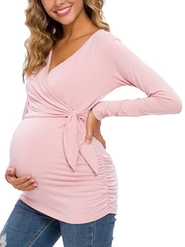 Ecavus Damen Umstandsshirt Stillshirt Langarm Umstandsmode Oberteil | Langarm V-Neck Schwangerschaftsmode Stilltop,Plissee-Design von Länge und Stil, für vor, während, nach der pregnancy