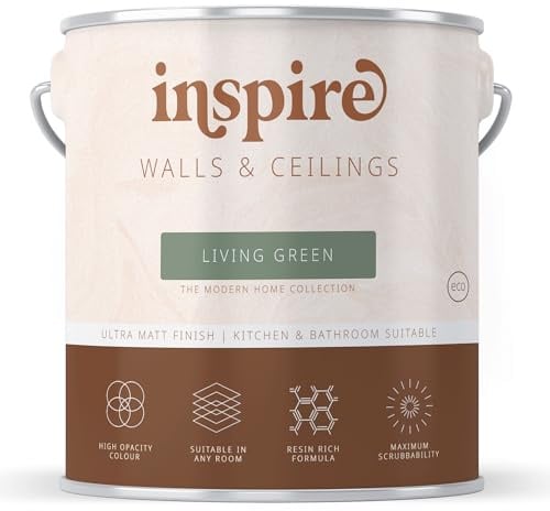 Inspire Wall Paint, Ultra Flat Matt Premium Emulsion Paint for Walls & Ceilings | Suitable for Kitchens & Bathrooms | High Opacity Colour | Low VOC | Modern Home Collection (Living Green, 1 Liter)