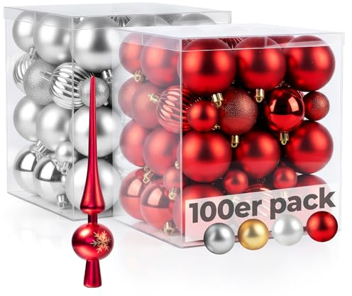 Menz weihnachtskugeln 50er Rot + 50er Silber – Dekorative Kugeln aus Kunststoff in 3/4/6 cm, glänzend/matt/glitzernd/Kürbis mit rotem Spitz