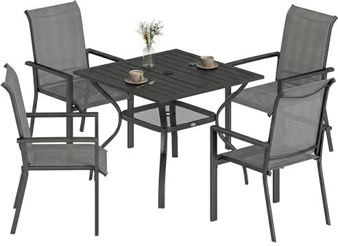 Outsunny 5 Pieces Garden Dining Set for 4 with Parasol Hole Dark Grey
