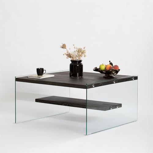 Hanah Home Modern Coffee Table, 75 cm x 40 cm x 75 cm, 100% Tempered Glass & Pine Solid Wood Frame, Anthracite Color | Stylish Industrial Design, Disassembled