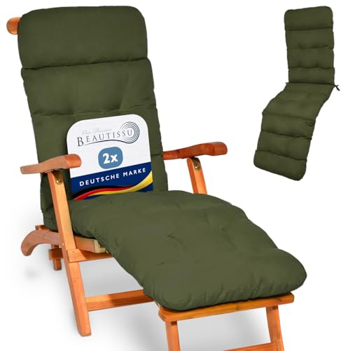 Beautissu 2X Bequeme Liegenauflage Deckchair & Sonnenliegen Gartenliege | 200x50cm Olivgrün 8cm dicke Polsterung Auflage Liegestuhl Polster Sonnenliege Schaumflockenfüllung Gartenmöbel Flair DC