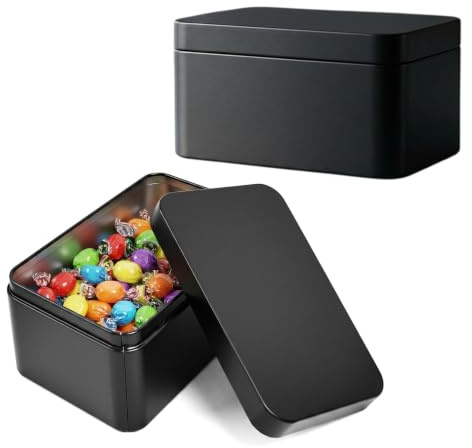 2 latas de metal con tapa, 13,2 x 8,5 x 6,3 cm | Pequeña caja rectangular de hojalata, negra, para uso casero, organizador para el hogar