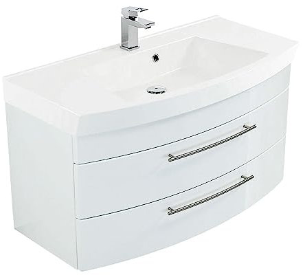 Lomadox Badezimmer Waschtisch 100cm mit Waschbecken Hochglanz weiß 2 Softclose-Auszüge