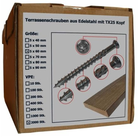 Sanpro Terrassenschraube aus Edelstahl mit Torx Kopf, Größe 5 x 60 mm, Anzahl 2000 Stück, Perfekt geeignet für Holzbau Firmen, wie z.B. Zimmereien, Dachdecker, GaLa-Bauer (Pack à 2.000 Stück)