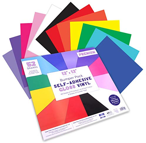 First Edition 12” x 12” Adhesive Vinyl Bumper Pack-Gloss-12 Colours-52 inc 4 Transfer Tape Sheets – Easy to Cut and Weed-Compatible with Cricut & Other Machines, Multicolour, 12x12