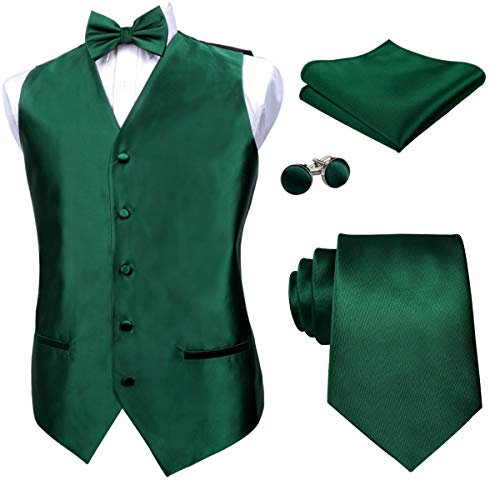 Alizeal Herren-Fliege, Satin, vorgebunden, 9 cm Krawatte, Einstecktuch, Manschettenknöpfe und Weste, Dunkelgrün, XL