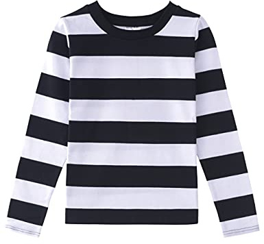 Spring&Gege Boys' Long Sleeve Striped T-Shirt Cotton Crew Neck Tees, Black and White Stripes, 9-10 Years