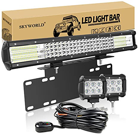 SKYWORLD 20 Zoll 510W Combo LED-Lichtleiste mit Kennzeichenhalterung, 2 x 18 W 4 Zoll Flood LED-Pods Arbeitsleuchte mit Kabelbaum-Kit DC 12 V 24 V 6000 K Offroad-Fahrzeuge 4 x 4 ATV UTV