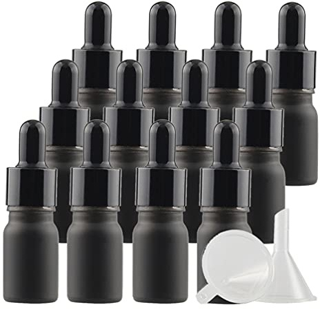 TIANZD 12 Stück 5 ml Leere Matt Schwarz glasflasche Tropfflasche Pipettenflaschen mit Glaspipette, 5ml Glasflasche mit Tropfpipette mit Schwarz Schraubverschluss für ätherische Öle, Parfüm Öle