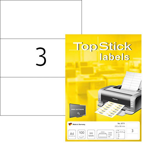 TopStick 8771 Universal Etiketten, 1000 Blatt, 210 x 99 mm, 3 pro A4 Bogen, 3000 Stück, selbstklebend, bedruckbar, matt, blanko Papier Klebeetiketten Aufkleber, weiß