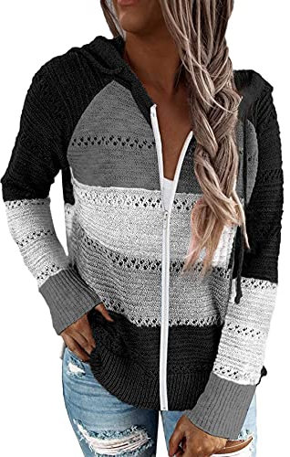 GOLDPKF Pullover Stricken Cardigan Damen Strickjacke Damen Langarmshirt Damen Hoodies Hohler Pullover Gestreift Farbanpassung Sweatshirt Hoodie Jacke Damen Schwarz L 44-46