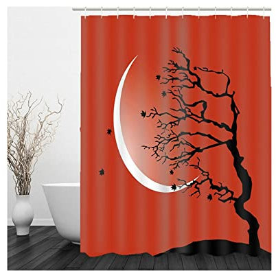 Aotiwe Duschrollo für Badewanne, Retro Duschvorhang Mondentlaubung Rot 120X180cm für Badezimmer mit Duschvorhangringen