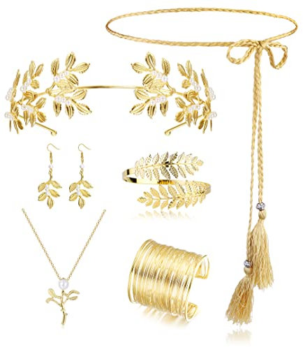ORAZIO 7 Stück Griechische Göttin Kostüm Zubehör Set für Frauen Goldene Römische Lorbeerblatt Krone Haarbänder Haarspange Spule Perle Tropfen Ohrringe Braut Kopfschmuck Party Robe Cosplay Schmuck