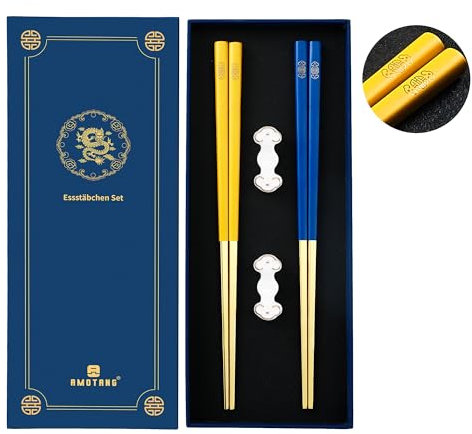 AMOTANG 2 Paia di Bacchette in Acciaio Inossidabile, Bacchette Cinesi Riutilizzabili, Lavabili in Lavastoviglie, Bacchette Antiscivolo, Giallo e Blu, 23,5 cm - Città Proibita