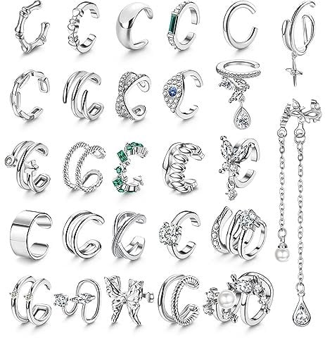 Finrezio 27 Stück Ear Cuff Set OhrManschette Ohrringe Clip Ohrringe für Damen Ohrklemme Nicht Piercing Clip auf Knorpel Ohrringe Ketten Ohrringe Gefälschte Ohrringe Clip auf Wrap Ohrringe Set