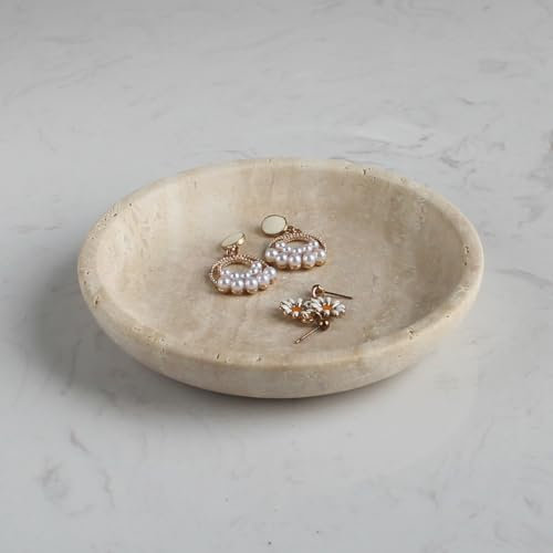 Genuine Beige Travertine Jewelry Dish Tray 14cm, Natural Marble Trinket Dish for Ring Earring, Gift for Women Daugther