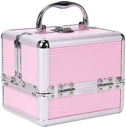 Holdfiturn Makeup Box 4 Fold Trays Aluminium with Compartment Large Capacity Vanity Cosmetic Organizer Nail Box for Jewelry Cosmetics Accessories Jewellery Nail Polish Lockable (Pink)