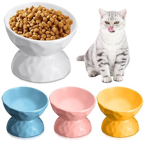 Bokon 4 Pcs Ceramic Raised Cat Bowl 6.8 oz Cat Food Bowl Anti Vomiting Pet Elevated Cat Feeder Tilted Cat Water Bowl Feeding Cat Dishes for Small Dog Kitten (White, Yellow, Blue, Pink)