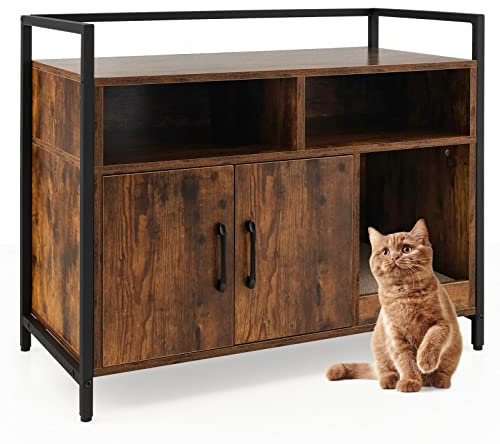 Maxmass Cat Litter Box Enclosure, Hidden Kitty Washroom House with Storage Compartments, Scratching Board and Adjustable Foot Pads, Wooden Cat Storage Cabinet for Bedroom, Living Room (Coffee)