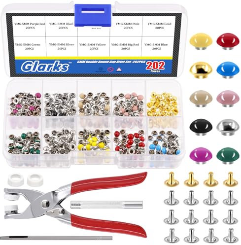 Glarks 200 Sets Leather Rivets Kit 5mm Double Round Cap Leather Rivets with 3Pcs Setting Tool Kit, 10 Colors Caps Leather Rivets and 2 Colors Metal Studs for Leather Craft Repairs Decoration