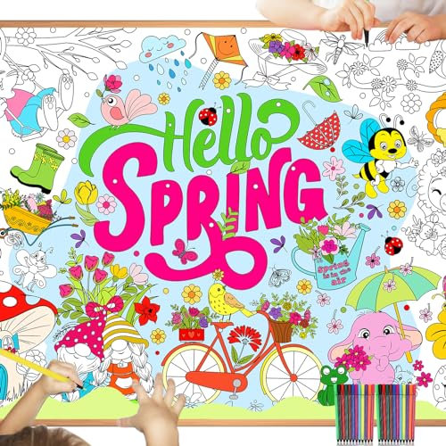 DPKOW Hallo Frühling Ausmalen Tischdecke für Kinder mit Stiften, 47 x 33 Zoll Riese Papier Frühling Bemalbare Tischdecke für Kinder Frühling Basteln Geschenk Ostern, Groß Frühling Ausmalen Poster