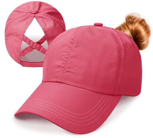 Baseball Cap Damen Kappe Sommer Basecap Pferdeschwanz, Verstellbar Frauen Ponytail Cap Baseballmütze Mesh Atmungsaktiv Sonnenhut Freizeit Kappe mit Zopfloch Outdoor Sports Kreuz Dunkelrosa