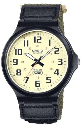 Casio MW240 Series | Men’s Quartz Watch | Black/Green | 50M WR | Large Resin Case | Resin Glass | Velcro Strap | Large Arabic Numerals | Analog Watch | Easy to Read Display | 3 Year Battery,