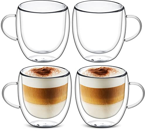 autumndeer Tasses en verre à cappuccino, lot de 4 tasses à espresso à double paroi, tasses à café en verre isolées avec poignée, tasses en verre transparent pour latte, cappuccino (250ml)