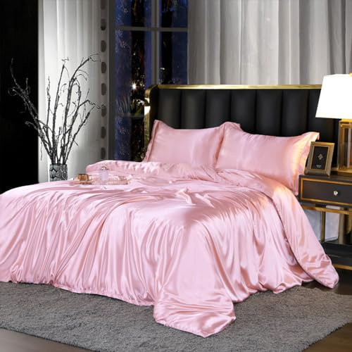 DXHOME Bettwäsche 220x240 Satin Glänzend Rosa Hellrosa Pink Glatt Seiden Bettbezug Doppelbett Set Glanzsatin Uni Luxus King Size Microfaser Sommer Deckenbezug mit Reissverschluss und Kissenbezüge