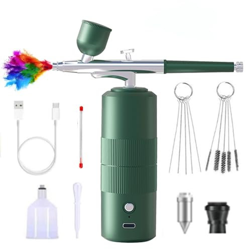 Kit Aerógrafo con Compresor Profesional Airbrush, 36 PSI aerógrafo inalámbrico Recargable para Tatuajes, Maquillaje, uñas, Modelo, Arte Hobby - para Profesionales y Principiantes (Green-A05)