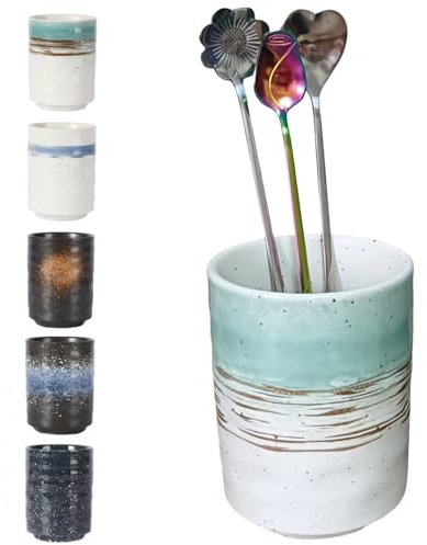 TOPYOKK Stoneware Coffee Bar Utensil Holder Tea & Coffee Spoon & Stirrer Holder for Stir Stick Straw Teaspoon Holder Spoon Cup Small Utensil Jar (Green fields)