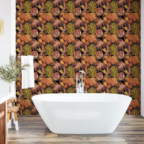 Ambesonne Tropical Peel & Stick Wallpaper for Home, Botanical Floral Theme Overlapped Palm Jungle Exotic Leaves, Self-Adhesive Living Room Kitchen Accent, 33 cm x 90 cm, Burnt Orange and Earth Yellow
