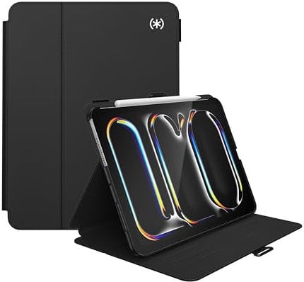 Speck iPad Pro 11 Zoll Hülle (Modell 2024, 5. Generation) – mit Stifthalter, Fall- und Kameraschutz, schlanker Multi-Range-Ständer, Balance Folio, keine Auto/Sleep-Wake-Funktion – Schwarz/Schwarz/Weiß