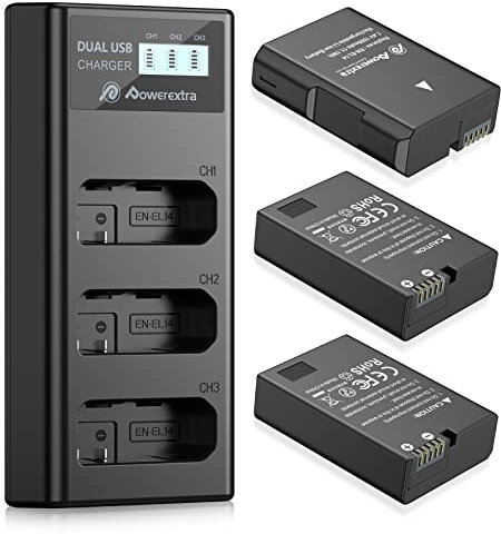 Powerextra 3-Pack EN-EL14/EN-EL14a Battery Packs & LCD Triple USB Charger Compatible with Nikon D5600 D5500 D5300 D5200 D5100 D3500 D3400 D3300 D3200 D3100 Df Coolpix P7800 P7700 P7200 P7100 P7000