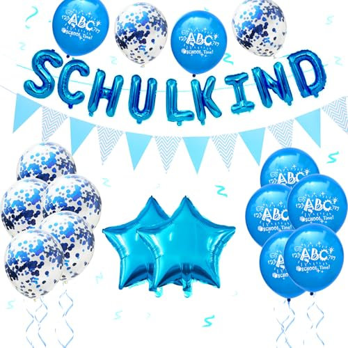 ALEGRE Deko Einschulung Junge Blau,Luftballons Einschulung Deko Junge,Girlande Schulkind Deko,Luftballons Schulanfang Deko Set,Schuleinführung Deko,ABC Folienballon Einschulung,Einschulungsdeko Jungen