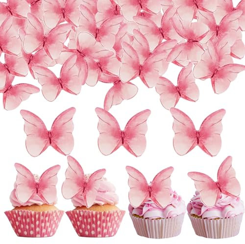 OSDUE Schmetterling Tortendeko, 48 Stück Schmetterlinge Deko Torte Cupcake Toppers Kuchen Dekoration für Geburtstag Hochzeit Party Kuchen Party Essen Dekoration (Rosa)