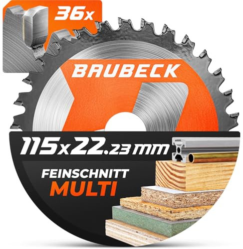 BAUBECK Flex Holzscheibe 115mm, 36Z, 1.9mm - Schnitt in Holz, Alu & Metall Sägeblatt für Winkelschleifer 115, Sägeblatt 115mm für Winkelschleifer, kompatibel mit allen gängigen 115er Winkelschleifern
