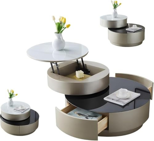 Round Coffee Table, Lift Top Coffee Table Storage Shelf and Pop up Adjustable Lift Tabletop Rotatable with 2 Drawers and Hidden Compartment for Living Room,Office,Balcony,