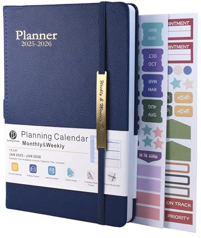Terminplaner 2025-2026 - 18 Monate von Januar 2025 bis Mitte Jun.2026, A5 Wochenansicht, Wochen- & Monatsplaner mit Ledereinband, Stiftschlaufe, Innentasche (Blau)