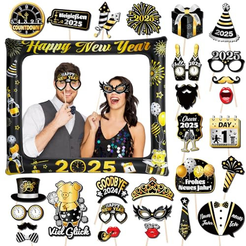 DPKOW 2026 Glücksbringer Silvester Foto Requisiten Rahmen 29 STK, Fotobox Accessoires Silvester 2026 Aufblasbarer Fotorahmen für 2026 Neujahr Fotobox Accessoires Silvester Party Zubehör Gadget