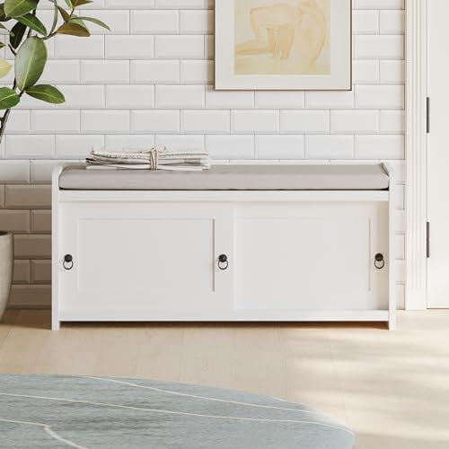 Generisch Meuble à chaussures avec porte coulissante - 109 x 50 x 40 cm - Avec coussins doux et poignées à anneaux - Banc de rangement avec espace de rangement - Convient pour les couloirs et les